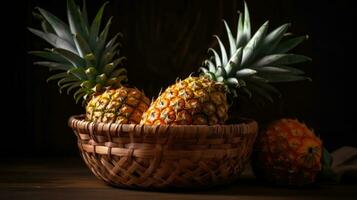 detailopname ananas fruit in een bamboe mand met vervagen achtergrond, ai generatief foto