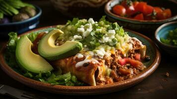 nieuw Mexicaans vlak enchiladas met groente brokken en wazig achtergrond, ai generatief foto