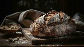 san francisco zuurdesem brood Aan een houten tafel met een wazig achtergrond, ai generatief foto