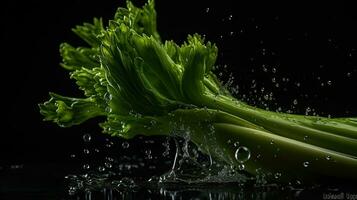 selderij groente raken door spatten van water met zwart vervagen achtergrond, ai generatief foto