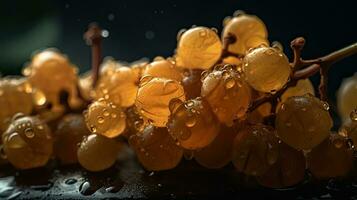 druif fruit raken door spatten van water met zwart vervagen achtergrond, ai generatief foto