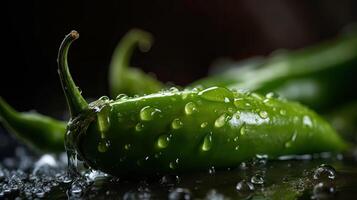 groen Chili raken door spatten van water met zwart vervagen achtergrond, ai generatief foto