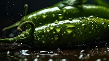 detailopname groen Chili raken door spatten van water met zwart vervagen achtergrond, ai generatief foto