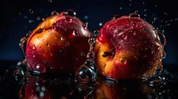 nectarine raken door spatten van water met zwart vervagen achtergrond, ai generatief foto