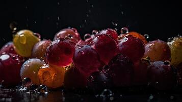 druif fruit raken door spatten van water met zwart vervagen achtergrond, ai generatief foto