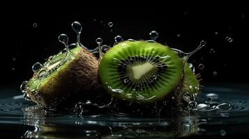 kiwi raken door spatten van water met zwart vervagen achtergrond, ai generatief foto