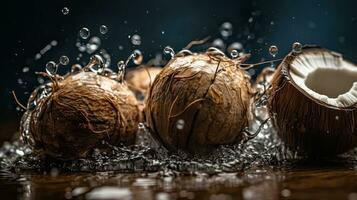 kokosnoot fruit raken door spatten van water met zwart vervagen achtergrond, ai generatief foto