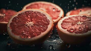 grapefruits raken door spatten van water met zwart vervagen achtergrond, ai generatief foto