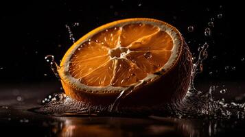 detailopname van gesneden oranje fruit raken door spatten van water met zwart vervagen achtergrond, ai generatief foto