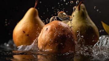 detailopname van Peer fruit raken door spatten van water met zwart vervagen achtergrond, ai generatief foto