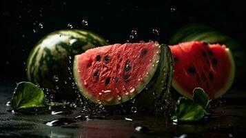 detailopname watermeloen raken door spatten van water met zwart vervagen achtergrond, ai generatief foto