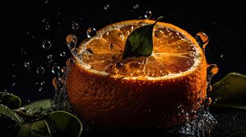 detailopname van gesneden oranje fruit raken door spatten van water met zwart vervagen achtergrond, ai generatief foto