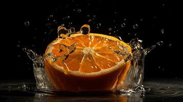 detailopname van gesneden oranje fruit raken door spatten van water met zwart vervagen achtergrond, ai generatief foto