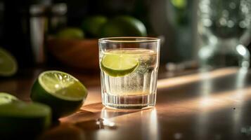 detailopname vers pisco stempel cocktail met limoen besnoeiing en wazig achtergrond, ai generatief foto
