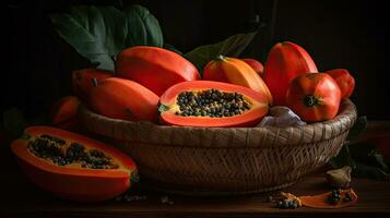 detailopname papaja fruit in een bamboe mand met vervagen achtergrond, ai generatief foto