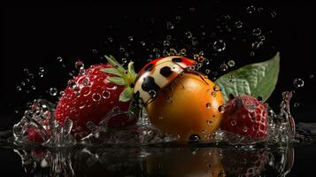 detailopname van fruit raken door spatten van water met zwart vervagen achtergrond, ai generatief foto