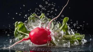 vers radijs met groen blad raken door spatten van water met zwart vervagen achtergrond, ai generatief foto