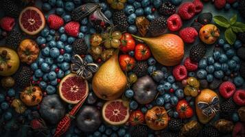 top visie verscheidenheid van vers fruit met helder kleuren, ai generatief foto