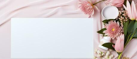 foto van roze bloemen en een wit kaart Aan een roze achtergrond met kopiëren ruimte met kopiëren ruimte