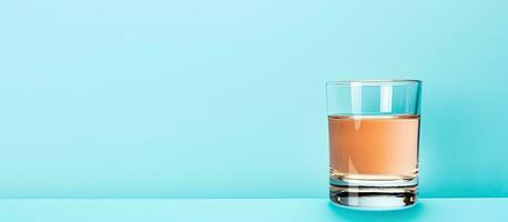 foto van een verfrissend glas van oranje sap Aan een levendig blauw achtergrond met kopiëren ruimte