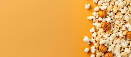 foto van een stapel van popcorn Aan een levendig geel achtergrond, perfect voor film nachten en snacken met kopiëren ruimte