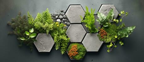foto van zeshoek plantenbakken met weelderig groen planten groeit uit van hen met kopiëren ruimte