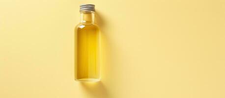 foto van een fles van olie Aan een levendig geel achtergrond met uitgebreid kopiëren ruimte met kopiëren ruimte