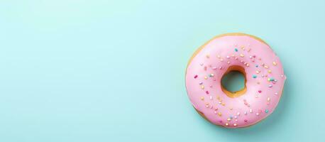 foto van een heerlijk roze berijpt donut met kleurrijk hagelslag Aan een levendig blauw achtergrond met kopiëren ruimte