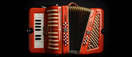 foto van een rood accordeon met wit sleutels Aan een zwart achtergrond met kopiëren ruimte