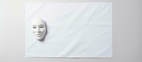 foto van een minimalistische wit masker hangende Aan een blanco muur met kopiëren ruimte