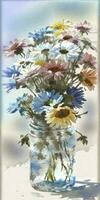 bloemen waterverf schilderen, glas pot met wilde bloemen en blad, bloemen klem kunst, geïsoleerd Aan wit, generatief ai foto