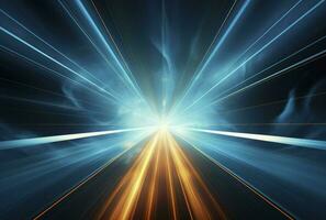 3d weergave, abstract ultraviolet tunnel met neon stralen, gloeiend lijnen, cyber netwerk, snelheid van licht, snelweg nacht lichten, ruimte en tijd snaren, generatief ai foto