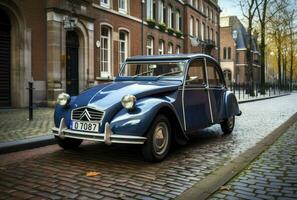 klassiek blauw citroen auto park in voorkant van de gebouw, generatief ai foto