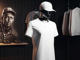 wit t-shirt mockup Aan een mannequin Aan heup hop achtergrond ai generatief foto