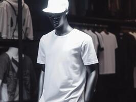 wit t-shirt mockup Aan een mannequin Aan heup hop achtergrond ai generatief foto