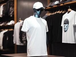 wit t-shirt mockup Aan een mannequin Aan heup hop achtergrond ai generatief foto