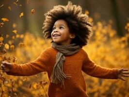 emotioneel dynamisch gebaren Afrikaanse kind in herfst ai generatief foto