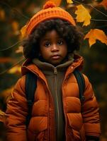 emotioneel dynamisch gebaren Afrikaanse kind in herfst ai generatief foto