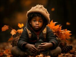 emotioneel dynamisch gebaren Afrikaanse kind in herfst ai generatief foto