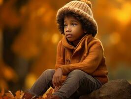 emotioneel dynamisch gebaren Afrikaanse kind in herfst ai generatief foto