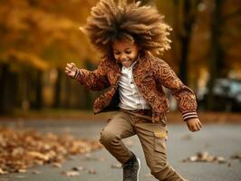 emotioneel dynamisch gebaren Afrikaanse kind in herfst ai generatief foto