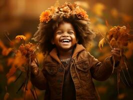 emotioneel dynamisch gebaren Afrikaanse kind in herfst ai generatief foto