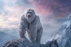 een wit gorilla staat Aan een besneeuwd berg top. dier portret. generatief ai foto