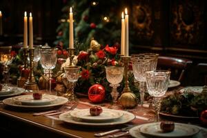 tafel geserveerd voor Kerstmis diner. leven kamer versierd met lichten en Kerstmis boom. ai gegenereerd foto