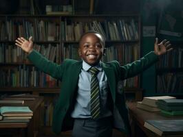 Afrikaanse kind in emotioneel dynamisch houding in school- ai generatief foto