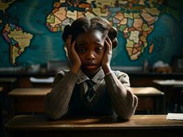 Afrikaanse kind in emotioneel dynamisch houding in school- ai generatief foto