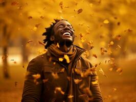 Afrikaanse Mens in emotioneel dynamisch houding Aan herfst achtergrond ai generatief foto