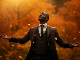 Afrikaanse Mens in emotioneel dynamisch houding Aan herfst achtergrond ai generatief foto