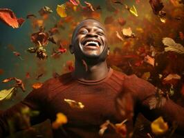 Afrikaanse Mens in emotioneel dynamisch houding Aan herfst achtergrond ai generatief foto