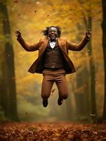 Afrikaanse Mens in emotioneel dynamisch houding Aan herfst achtergrond ai generatief foto